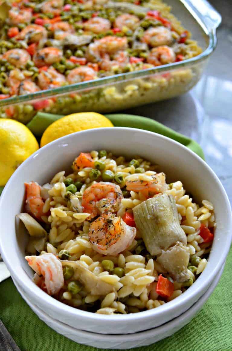 One Pan Lemon Artichoke & Shrimp Orzo - Katie's Cucina