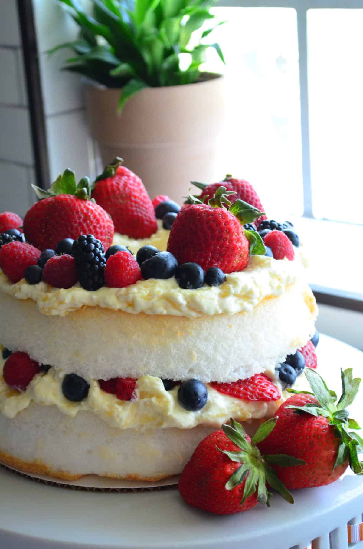 Side view of layered angel cake with mixed berries in middle layer and as topping.