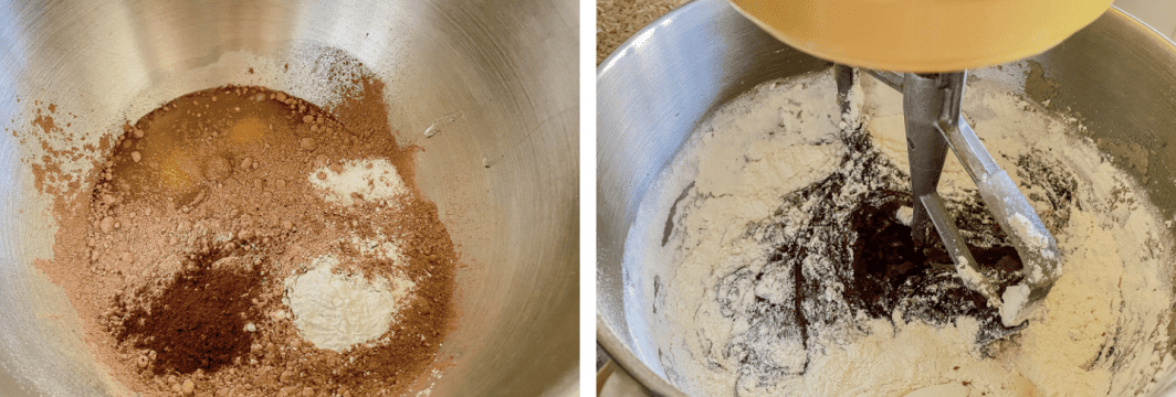 a silver bowl with brownie backing mix. right photo of flour in a yellow mixer.