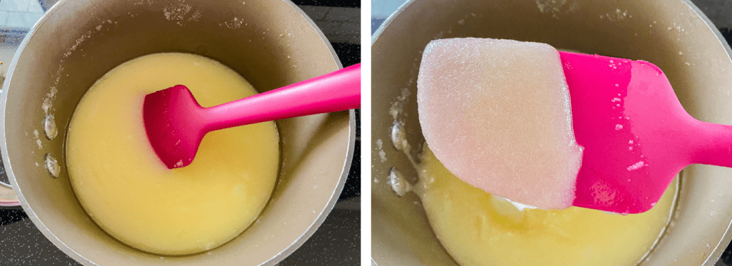 A silver bowl on the left with yellow filling and a pink spatula. on the right a silver bowl wih pink spatula with yellow filling up close on spatula.