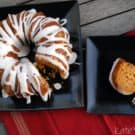 Pumpkin Spice Bundt Cake with Buttermilk Icing plated next to plate of one slice of bundt cake.