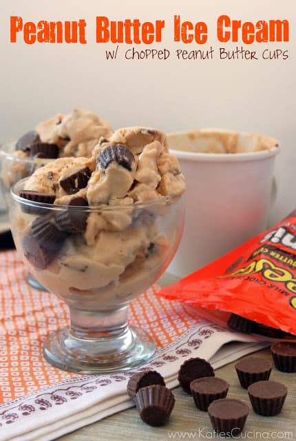 Glass bowl filled with peanut butter cups throughout and on the side of the glass.