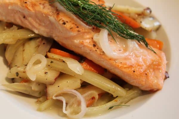 Seared Salmon with Shallot Sauce and Thyme-Roasted Vegetables