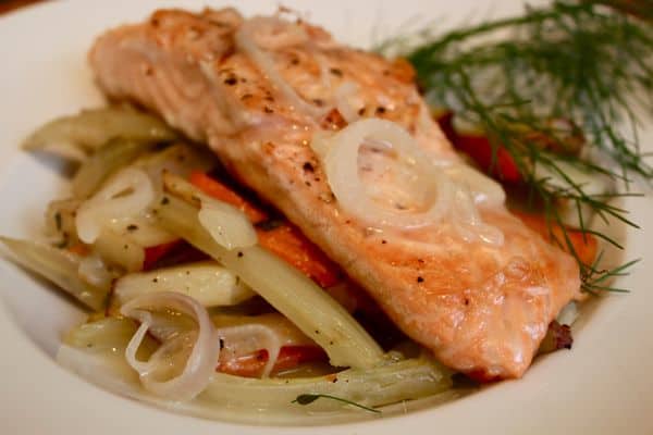 Seared Salmon with Shallot Sauce and Thyme-Roasted Vegetables