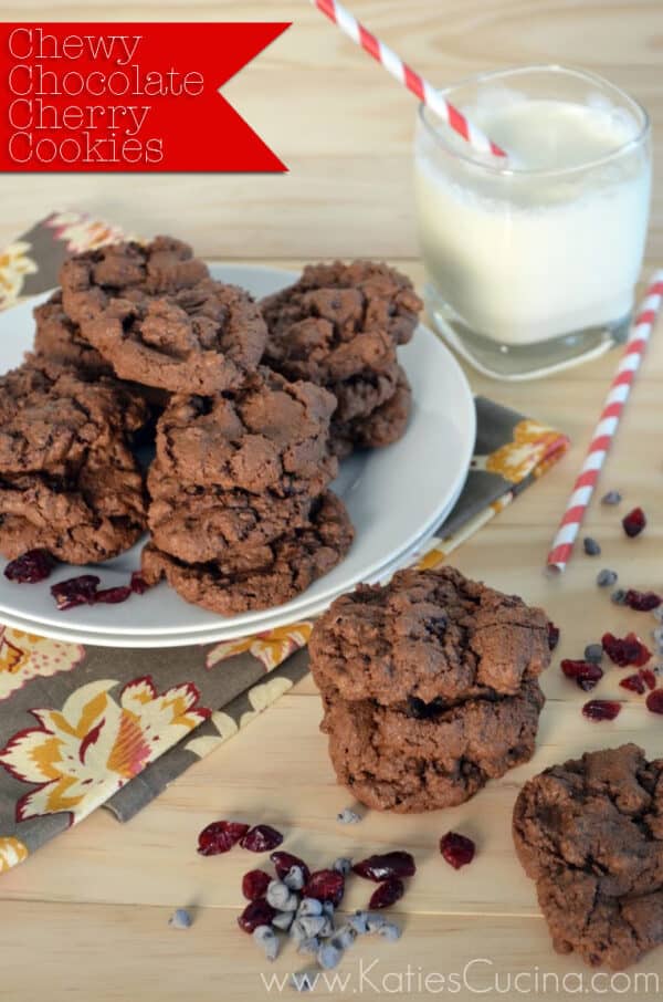 Chewy Chocolate-Cherry Cookies by KatiesCucina.com #fbcookieswap #cookies #chocolate #recipe