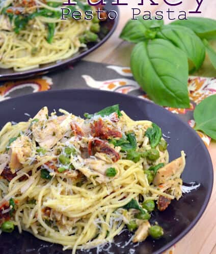 Two purple plates filled with pasta, turkey, spinach, and peas.