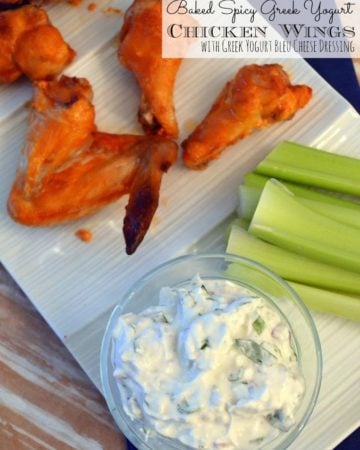 Baked Spicy Greek Yogurt Chicken Wings with Greek Yogurt Bleu Cheese Dressing #recipe #superbowl #chickenwings #football
