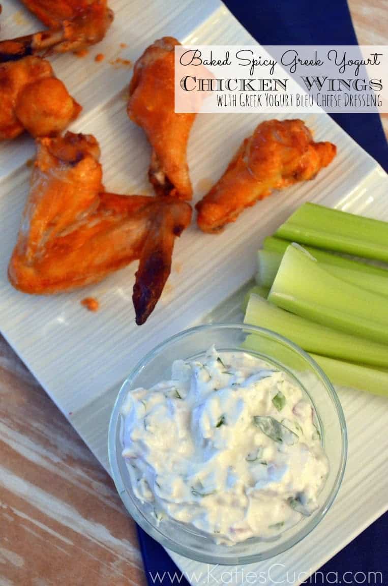 Baked Spicy Greek Yogurt Chicken Wings with Greek Yogurt Bleu Cheese Dressing #recipe #superbowl #chickenwings #football