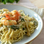 Plated spaghetti noodles in white herb sauce topped with shrimp and parsley garnish in background.