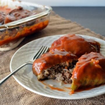 Plated meat-stuffed cabbage with red sauce glaze and fork on side.
