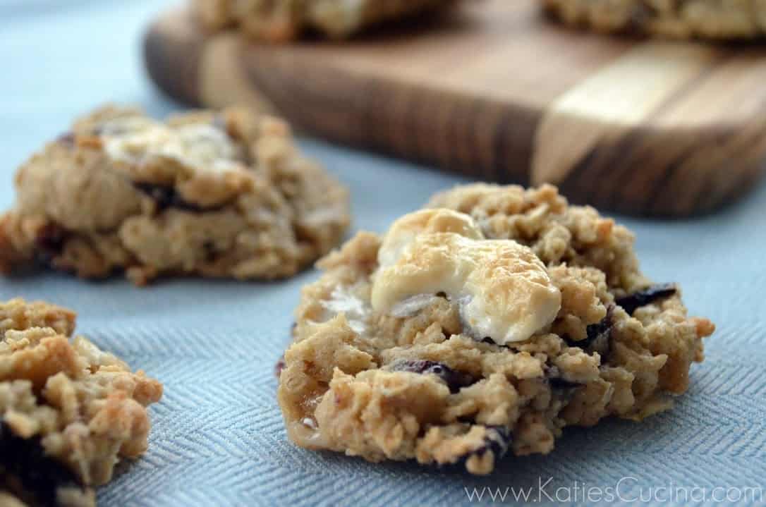 Close up of blueberry oatmeal marshmallow cookie with several other cookies blurred in background.