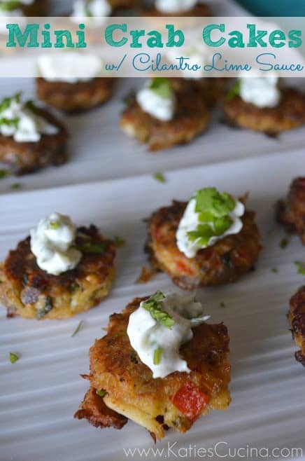 Mini Crab Cakes with Cilantro Lime Sauce via KatiesCucina.com