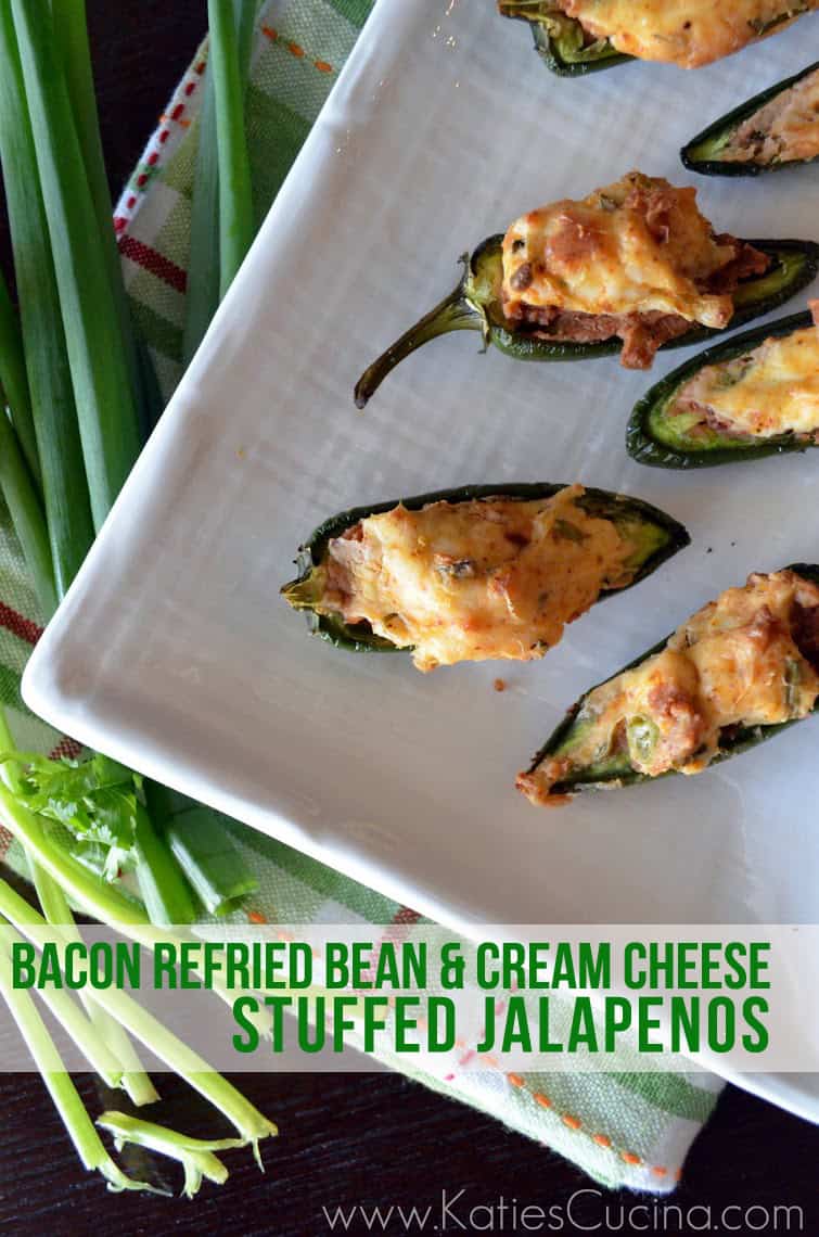 Bacon Refried Bean & Cream Cheese Stuffed Jalapenos from KatiesCucina.com