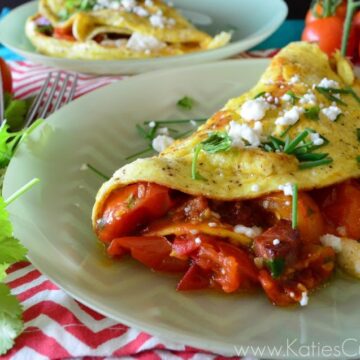 Cherry Tomato and Chorizo Omlet Plated decoratively next to Cilantro sprig and fork.