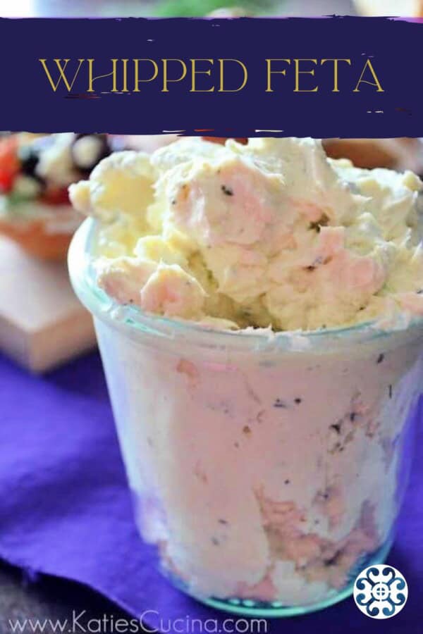Glass jar filled with cream cheese spread with text on image for Pinterest.