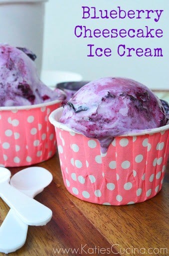 Two pink and white paper polka dot cups filled with blue ice cream with text on image for Pinterest.