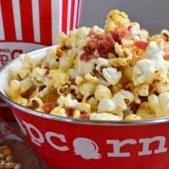 Movie night popcorn with a twist -- 5 ingredient Bacon Popcorn from KatiesCucina.com