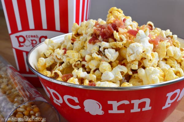 Movie night popcorn with a twist -- 5 ingredient Bacon Popcorn from KatiesCucina.com @WorldMarket #MovieLoversSweeps #Popcorn #Recipe