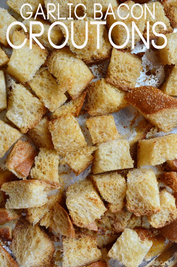 Easy-to-make homemade Garlic Bacon Croutons from KatiesCucina.com