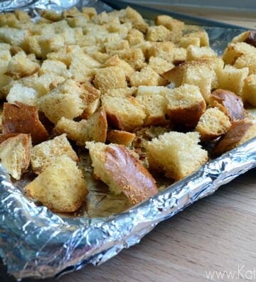 Easy-to-make homemade Garlic Bacon Croutons from KatiesCucina.com