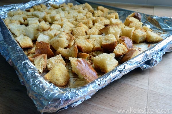 Easy-to-make homemade Garlic Bacon Croutons from KatiesCucina.com