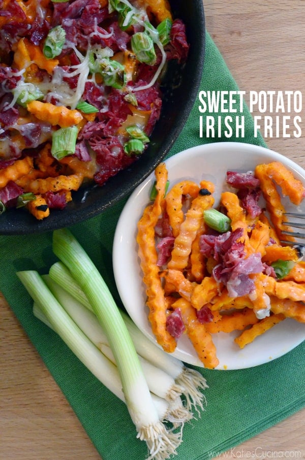 Top view of a skillet of fries with a small plate of sweet potato fries with text on image for pinterest.