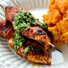 Grilled Chili Chicken Skewers with Cilantro Lime Pesto