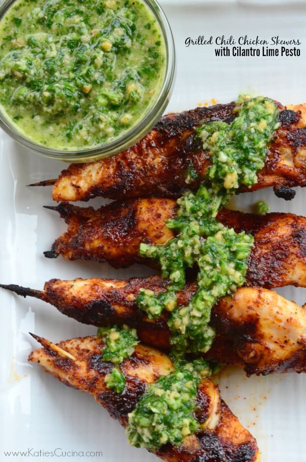 Grilled Chili Chicken Skewers with Cilantro Lime Pesto