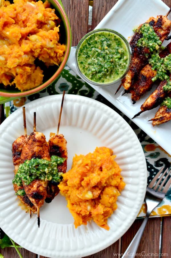 Grilled Chili Chicken Skewers with Cilantro Lime Pesto