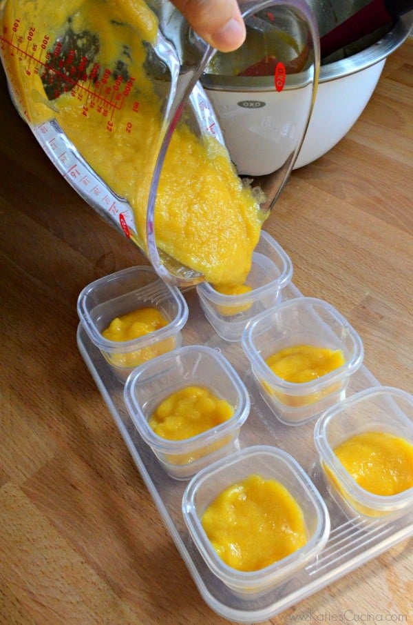 Hand holding measuring cup pouring orange puree into square storage containers.