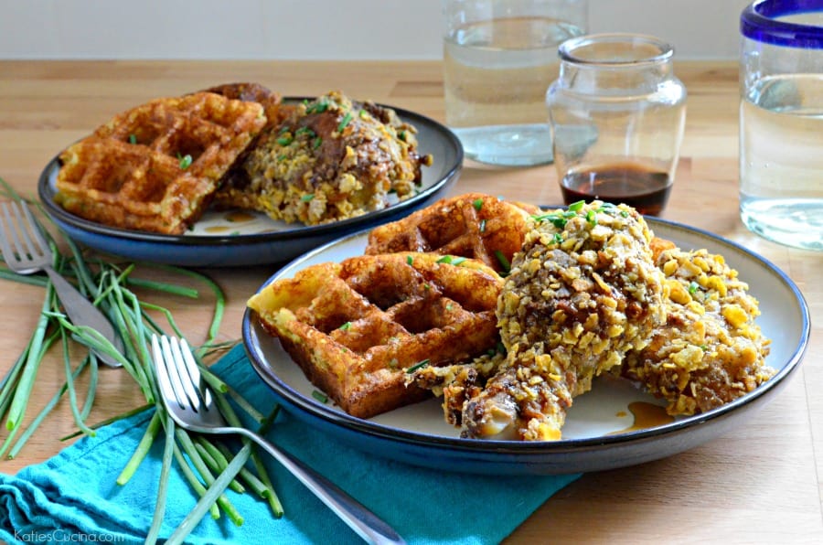 Potato & Chive Buttermilk Waffles with Spicy Sage Oven Fried Chicken