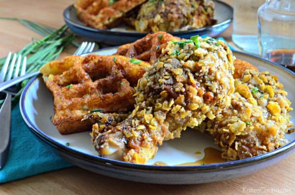 Potato & Chive Buttermilk Waffles with Spicy Sage Oven Fried Chicken