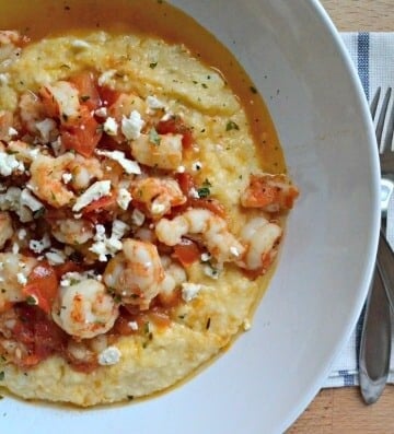 Make this easy weeknight recipe of Rock Shrimp with Tomato Basil Feta Cheese Grits in less than 30 minutes!