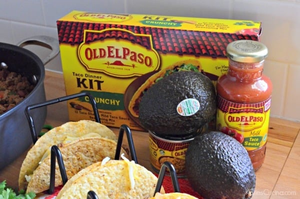 Old El Paso taco kid with avocados, tacos sauce, and diced green chiles.