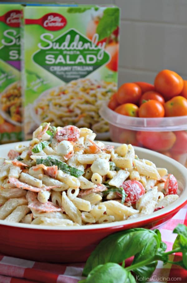 Tube pasta salad with tomatoes and basil in a red dish sitting on a red checkered cloth.