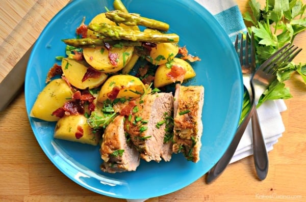 One Pot Spiced Pork Tenderloin with Roasted Potatoes and Asparagus