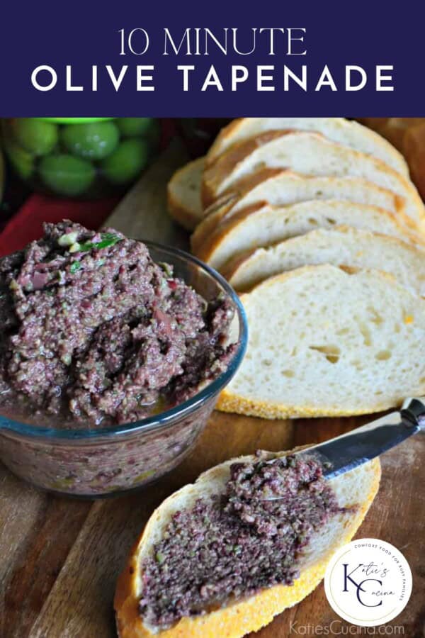 Sliced bread on a cutting board with spread on one slice and spread in a bowl with text on image for Pinterest.