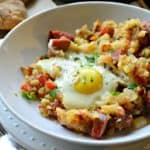 Horizontal photo of the Kielbasa Breakfast Skillet with Eggs in a bowl