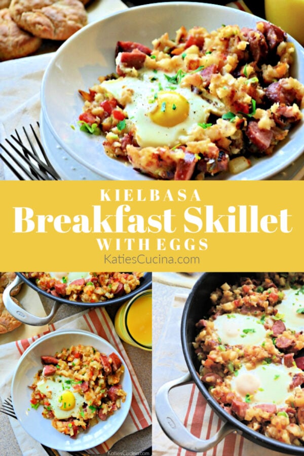 Kielbasa Breakfast Skillet with Eggs photo collage with title text for pinterest.