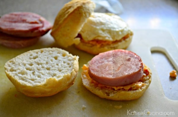 Southern Biscuit Breakfast Sandwiches - pimento and ham steak