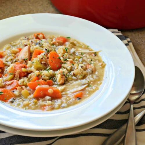 White bowl filled with vegetables and turkey soup.