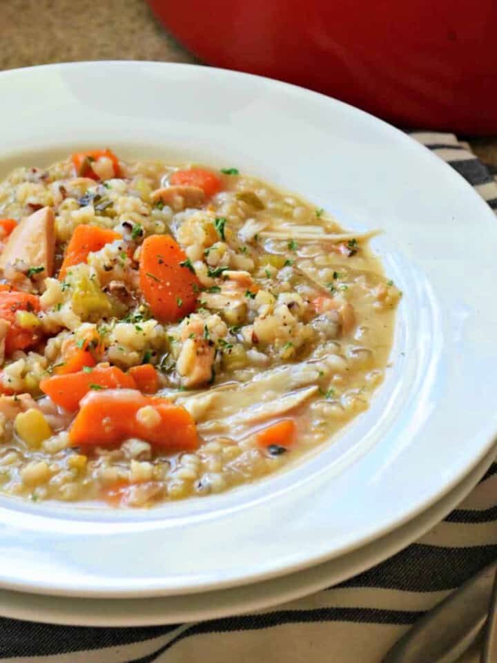 White bowl filled with vegetables and turkey soup.