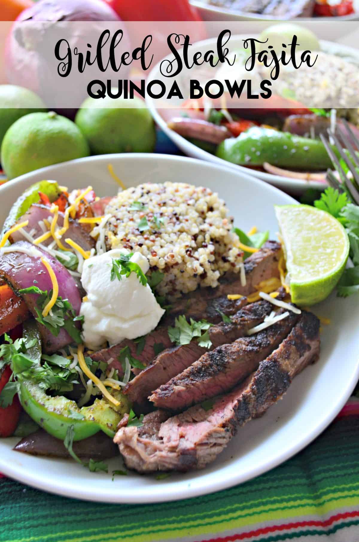 side view of white bowl with quinoa, grilled onions and peppers, steak, cilantro, and sour cream with title text.