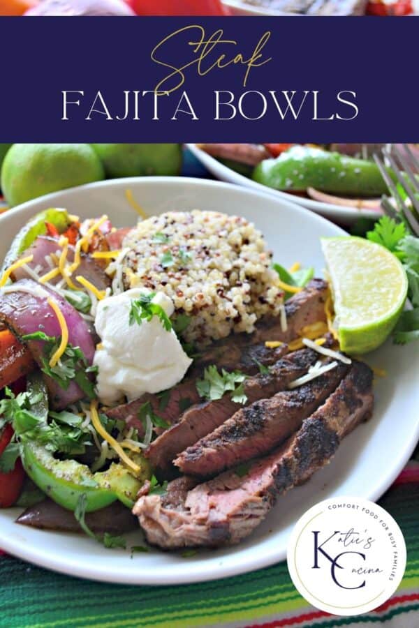 White bowl filled with sliced medium steak, quinoa, lime, sour cream and recipe title text on image for Pinterest.