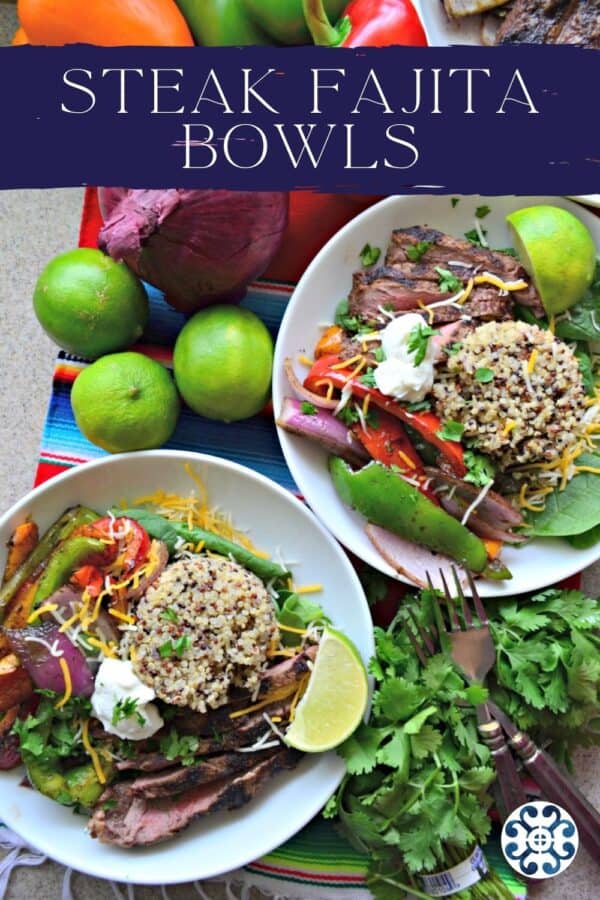 Top view of two white bowls filled with quinoa, steaks, and vegetables with recipe title text on image.