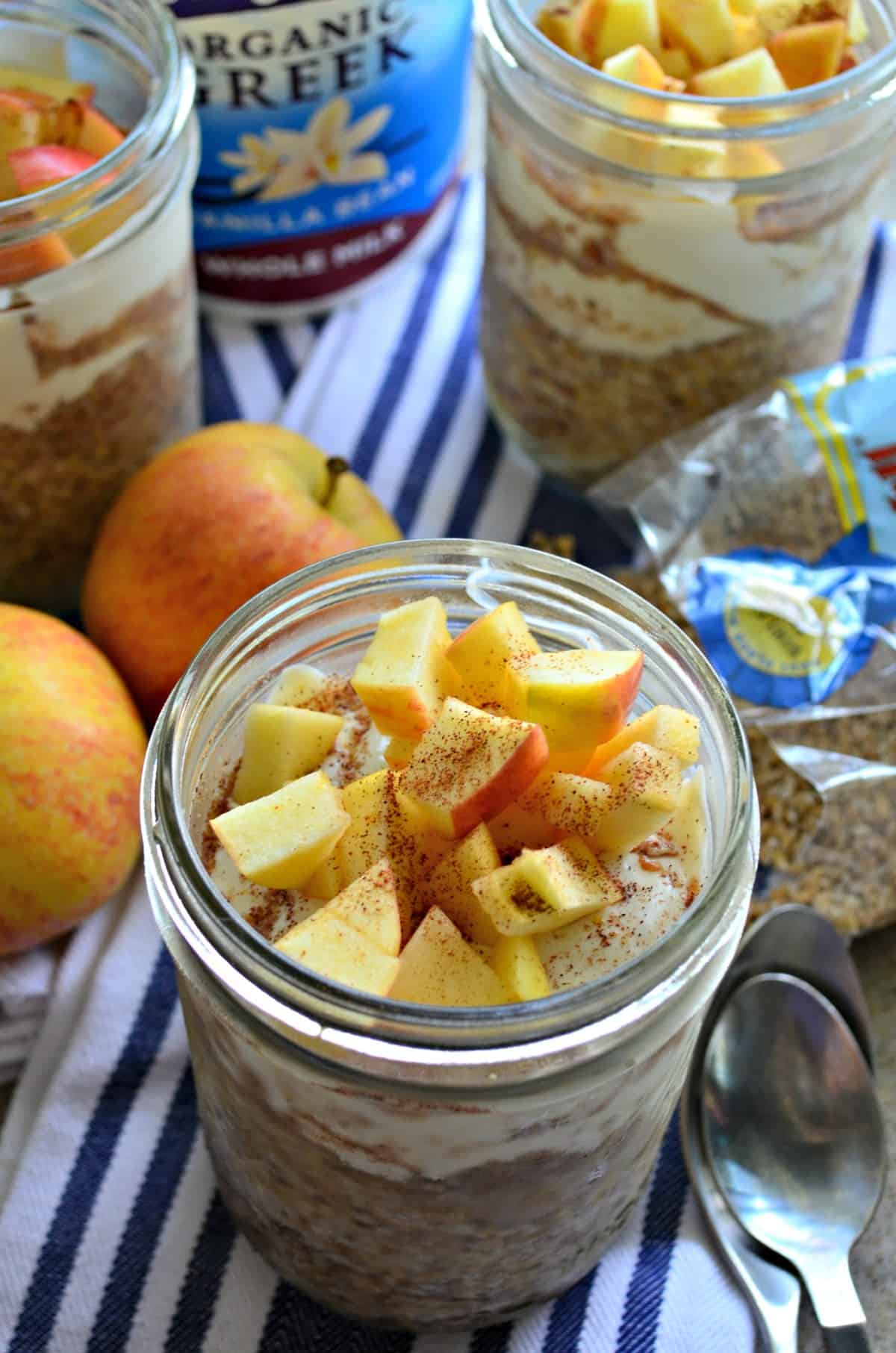 top view of 3 glasses filled with yogurt, oats, and topped with apple slices and cinnamon.