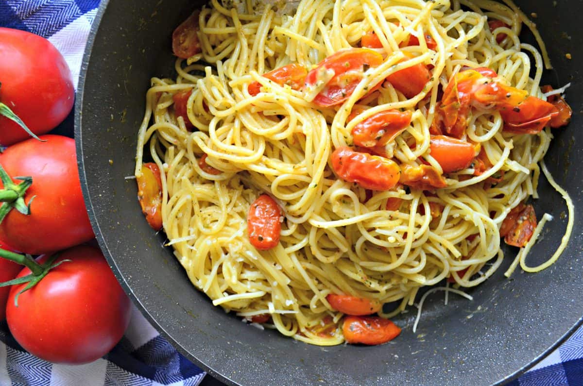 Cheesy Grape Tomato Basil Pasta - Katie's Cucina