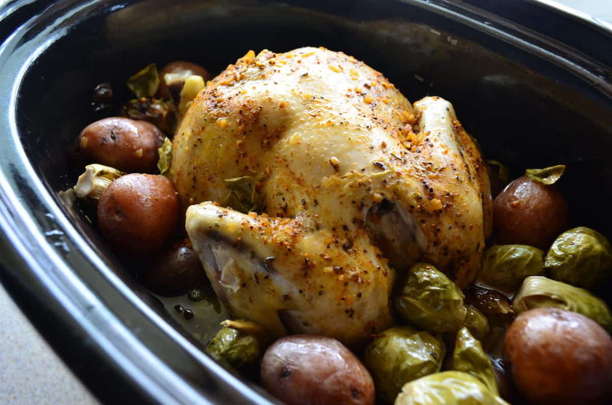 Golden browned chicken topped with herbs in slow cooker with potatoes and brussels sprouts.