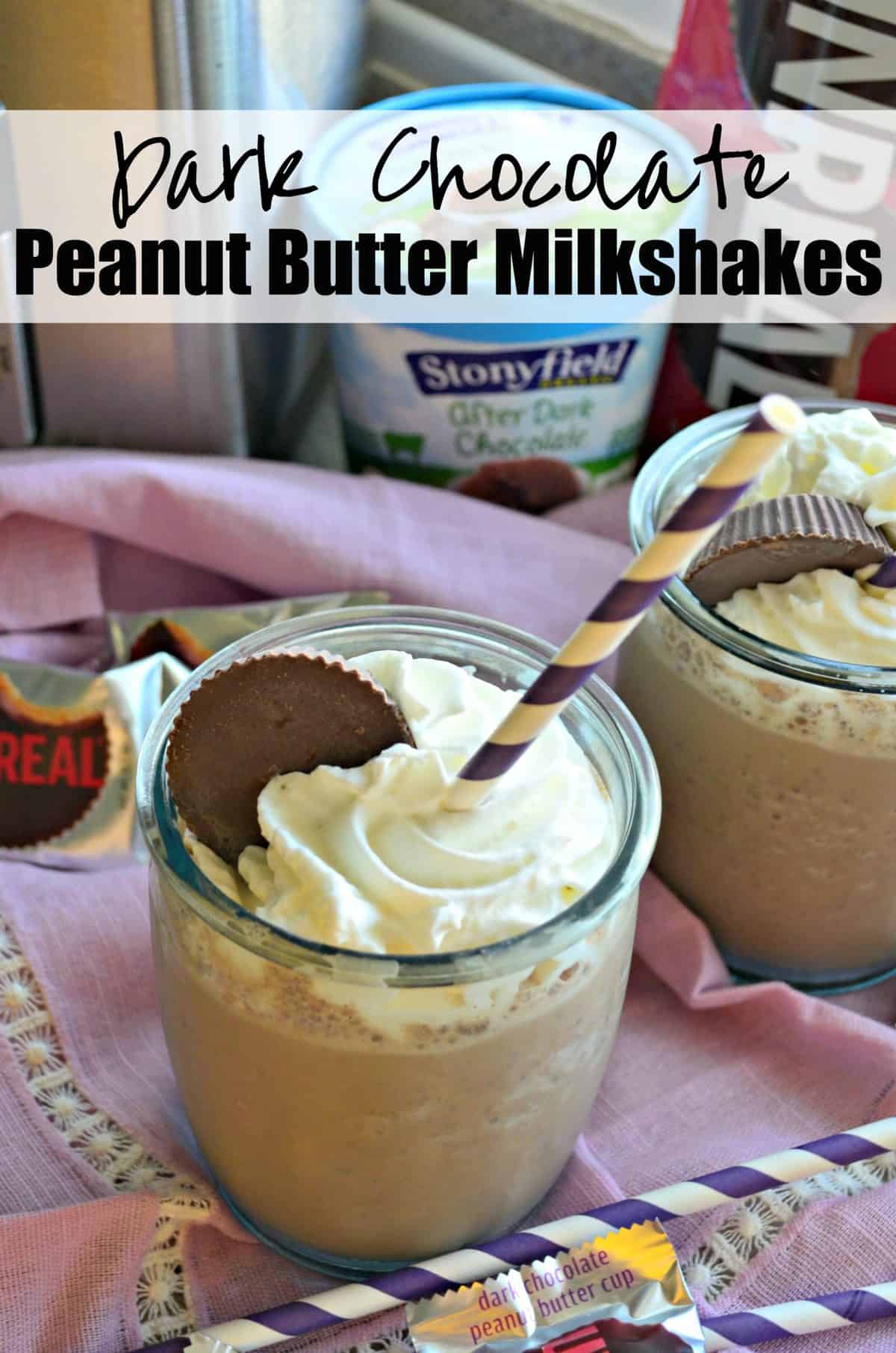 two glasses filled with brown milkshakes topped with whipped cream and peanut butter cups with title text.