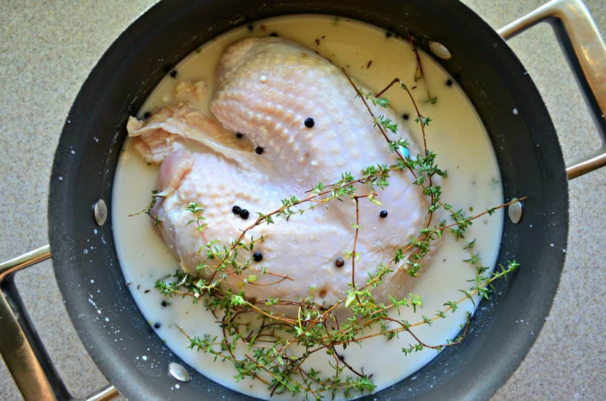 top view of pot of Buttermilk, fresh Thyme & Garlic brine with raw turkey in it.